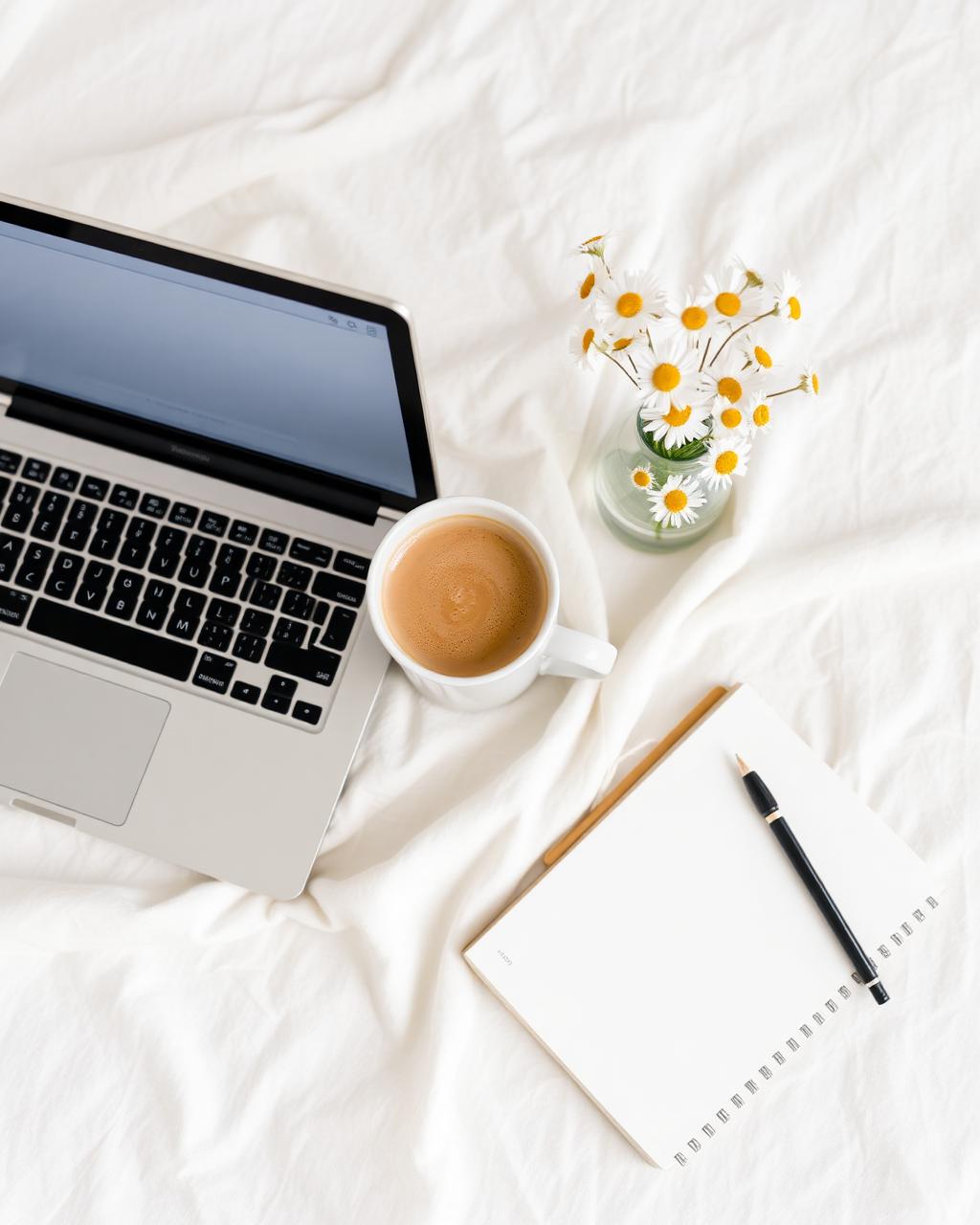 Cozy workspace with laptop, latte and daisies